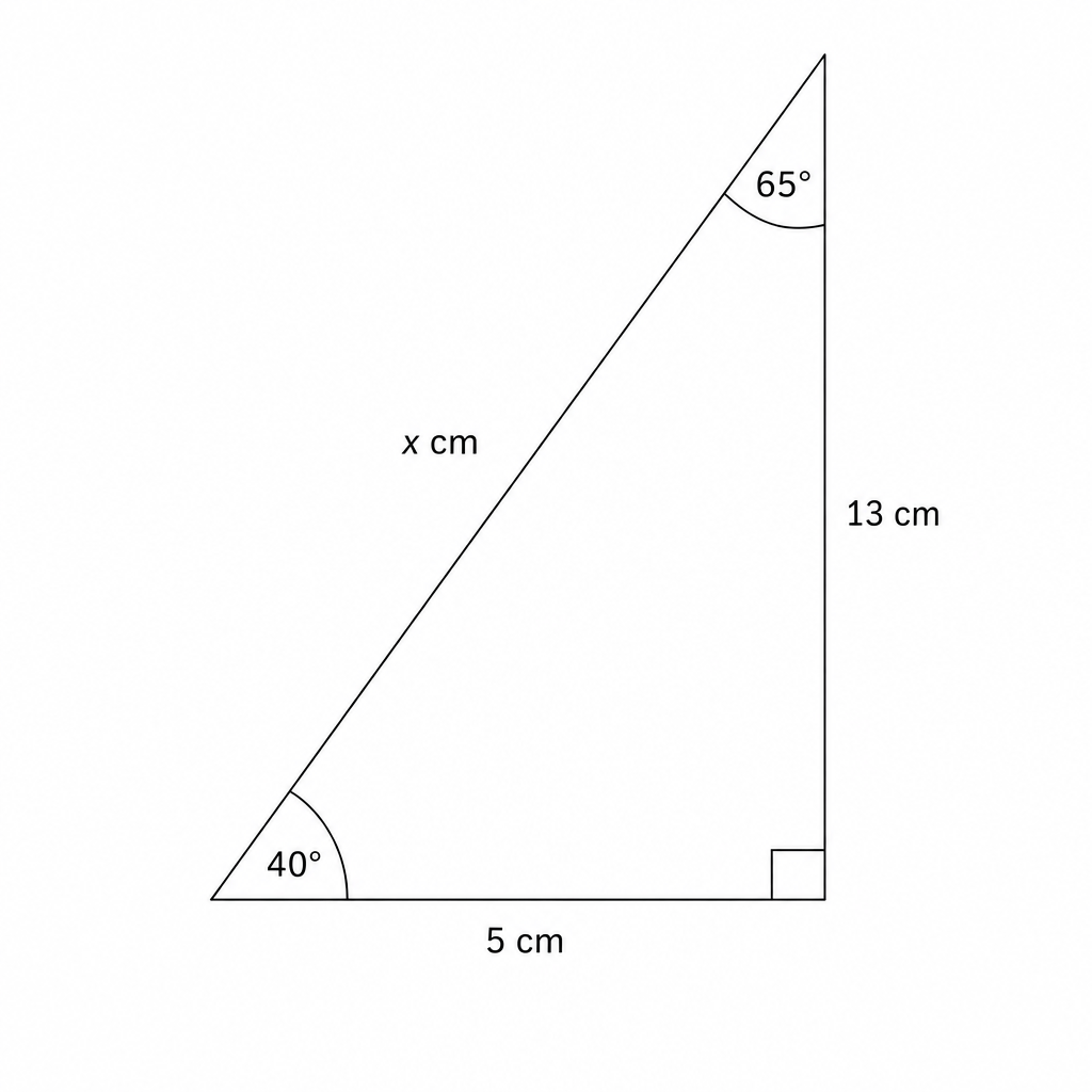 A right-angled triangle with a vertical side of 13 cm, a horizontal base of 5 cm, and a hypotenuse of x cm. The angle at the top vertex is 65 degrees, and the angle at the left vertex is 40 degrees. A right-angle symbol is at the bottom vertex between the vertical and horizontal sides.