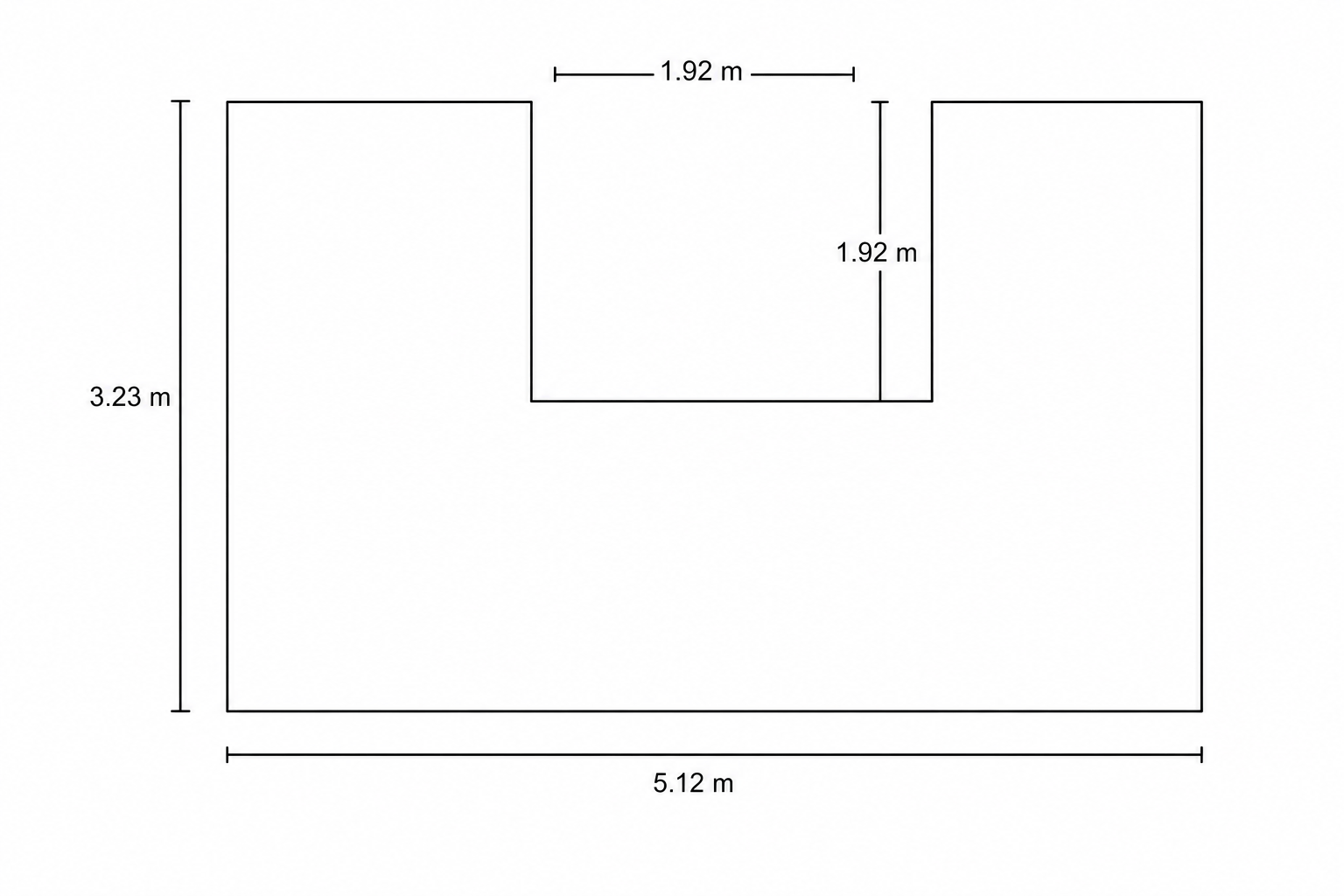 A diagram showing a large grey rectangle with a white square cut out of its top center. The left side of the grey rectangle is labeled 3.23 m. The bottom side of the grey rectangle is labeled 5.12 m. The top side of the white square is labeled 1.92 m. The right side of the white square is labeled 1.92 m.