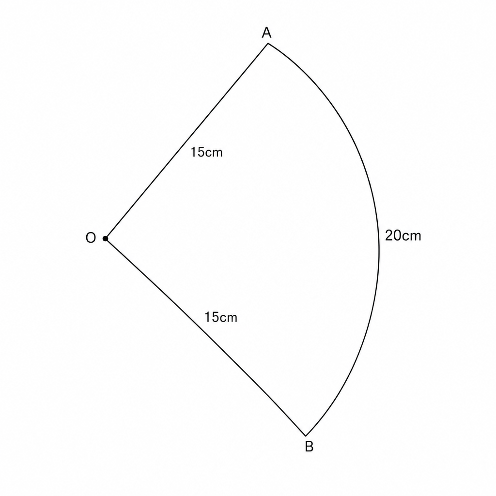Diagram showing a pizza slice sector with radius 15cm and arc length 20cm