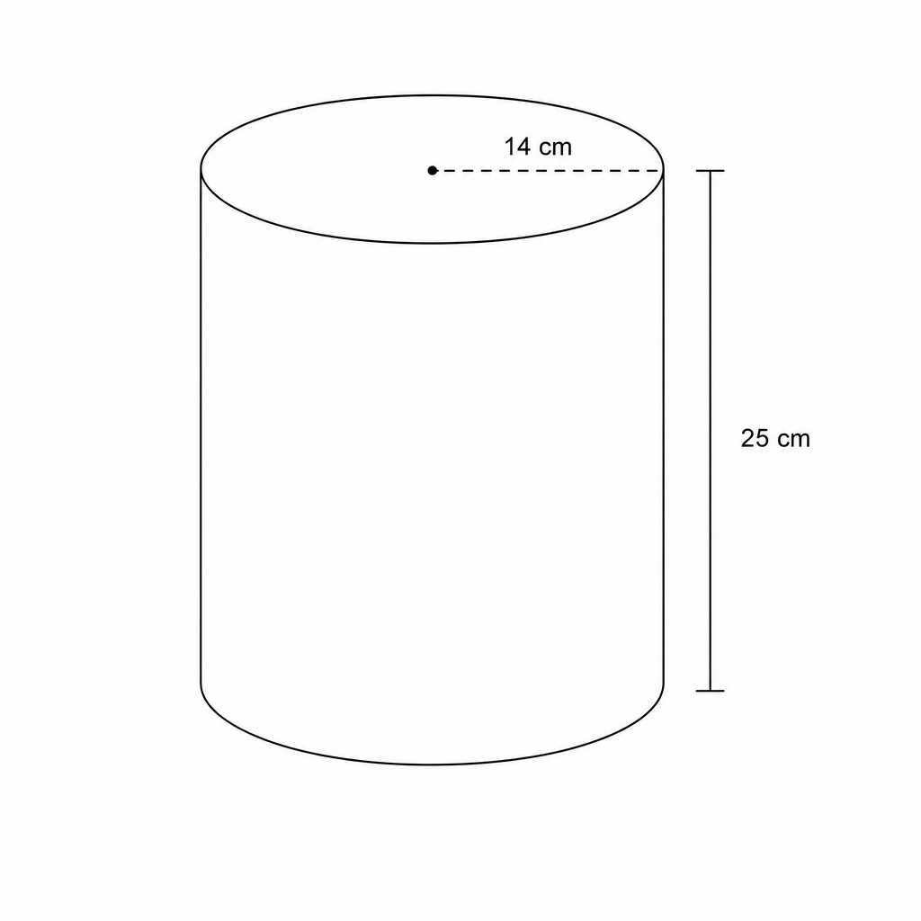 Diagram of a solid cylinder with radius 14 cm and height 25 cm.