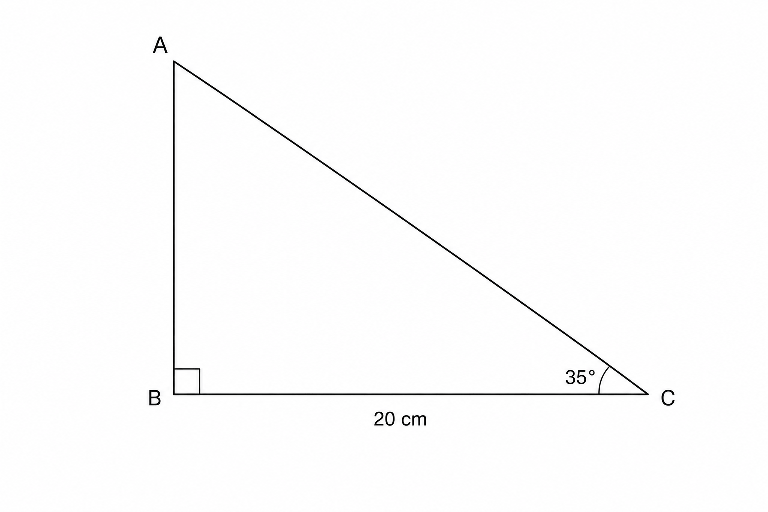 Right-angled triangle ABC with right angle at B, angle C = 35 degrees, and side BC = 20 cm.