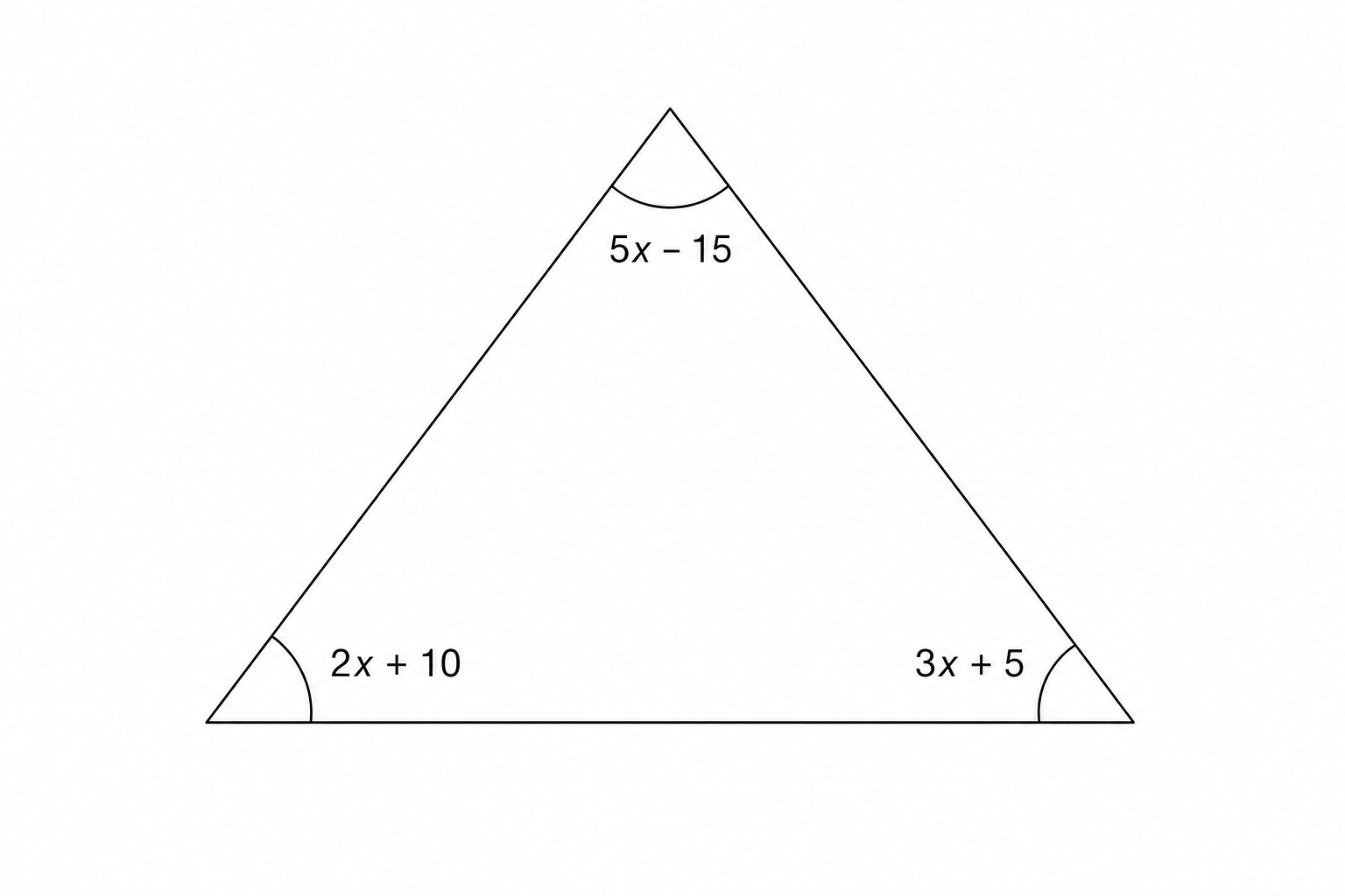 A triangle with three interior angles labeled: 5x - 15, 2x + 10, and 3x + 5.