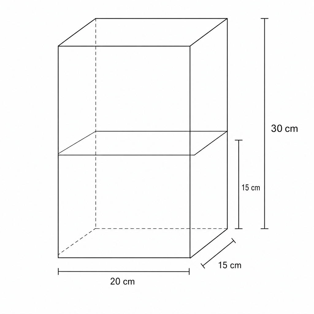 A 3D line drawing of a rectangular prism representing a storage tank with dimensions 20cm, 15cm, and 30cm.