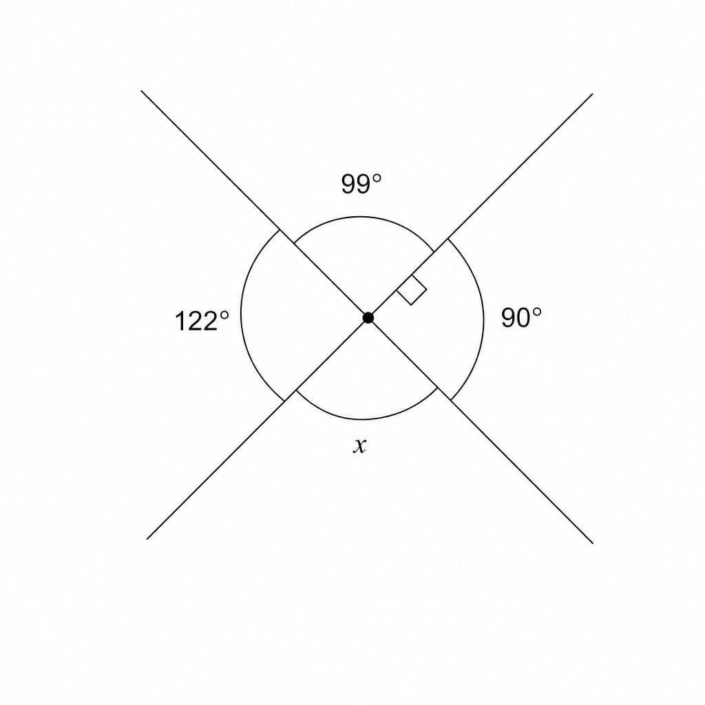 Diagram showing angles around a point: 90, 99, 122, and x.