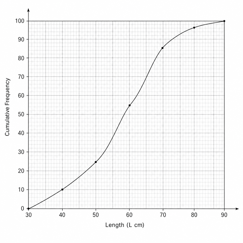A cumulative frequency graph grid with Length on the x-axis (30-90) and Cumulative Frequency on the y-axis (0-100).