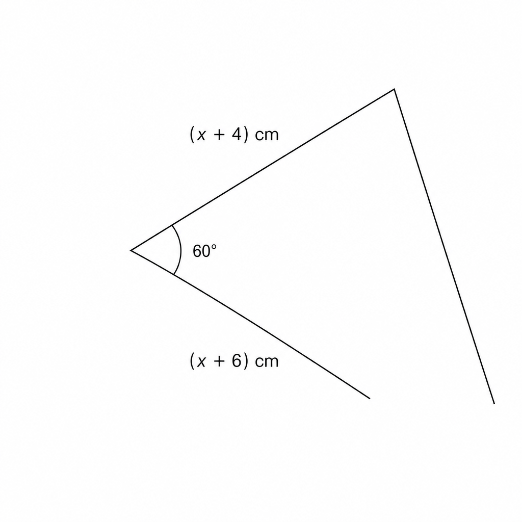 A triangular banner has two sides of length (x + 4) cm and (x + 6) cm, with an included angle of 60 degrees.