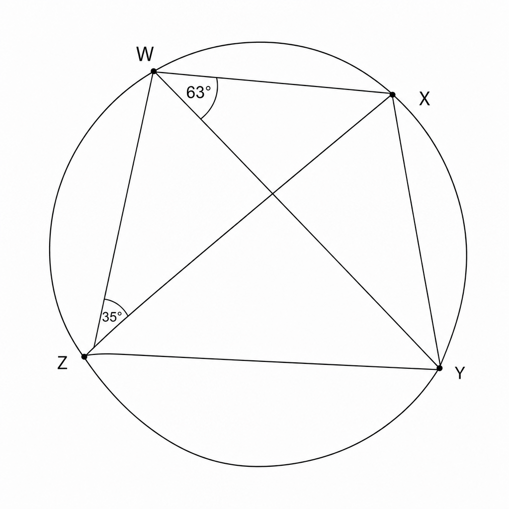 Diagram: A circle with points W, X, Y, and Z on its circumference. Chords WY, WZ, XZ, and XY are drawn. Angle XWY is labeled as 63 degrees and angle WZX is labeled as 35 degrees.