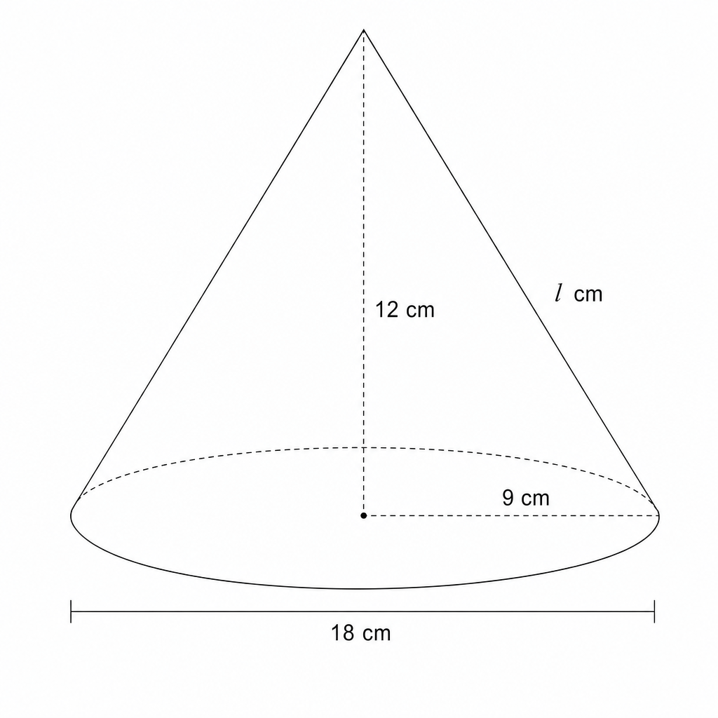 Diagram of a solid cone with height 12 cm and base diameter 18 cm.