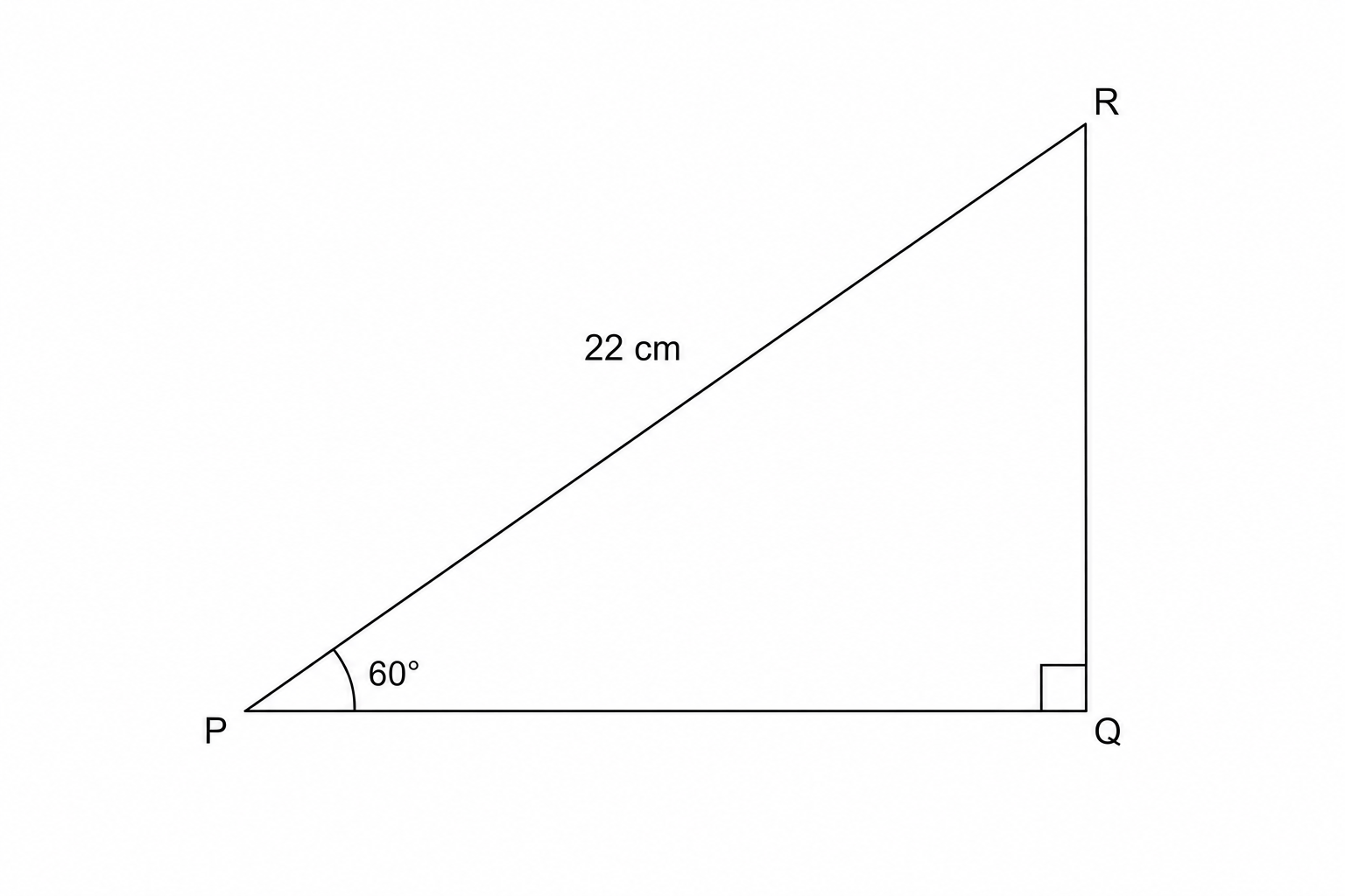 Right-angled triangle PQR with right angle at Q, angle P = 60 degrees, and hypotenuse PR = 22 cm.