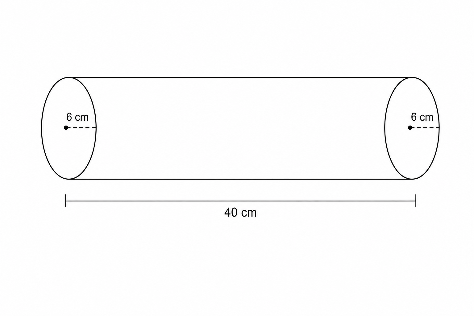 Diagram of a solid metal rod with radius 6 cm and length 40 cm.
