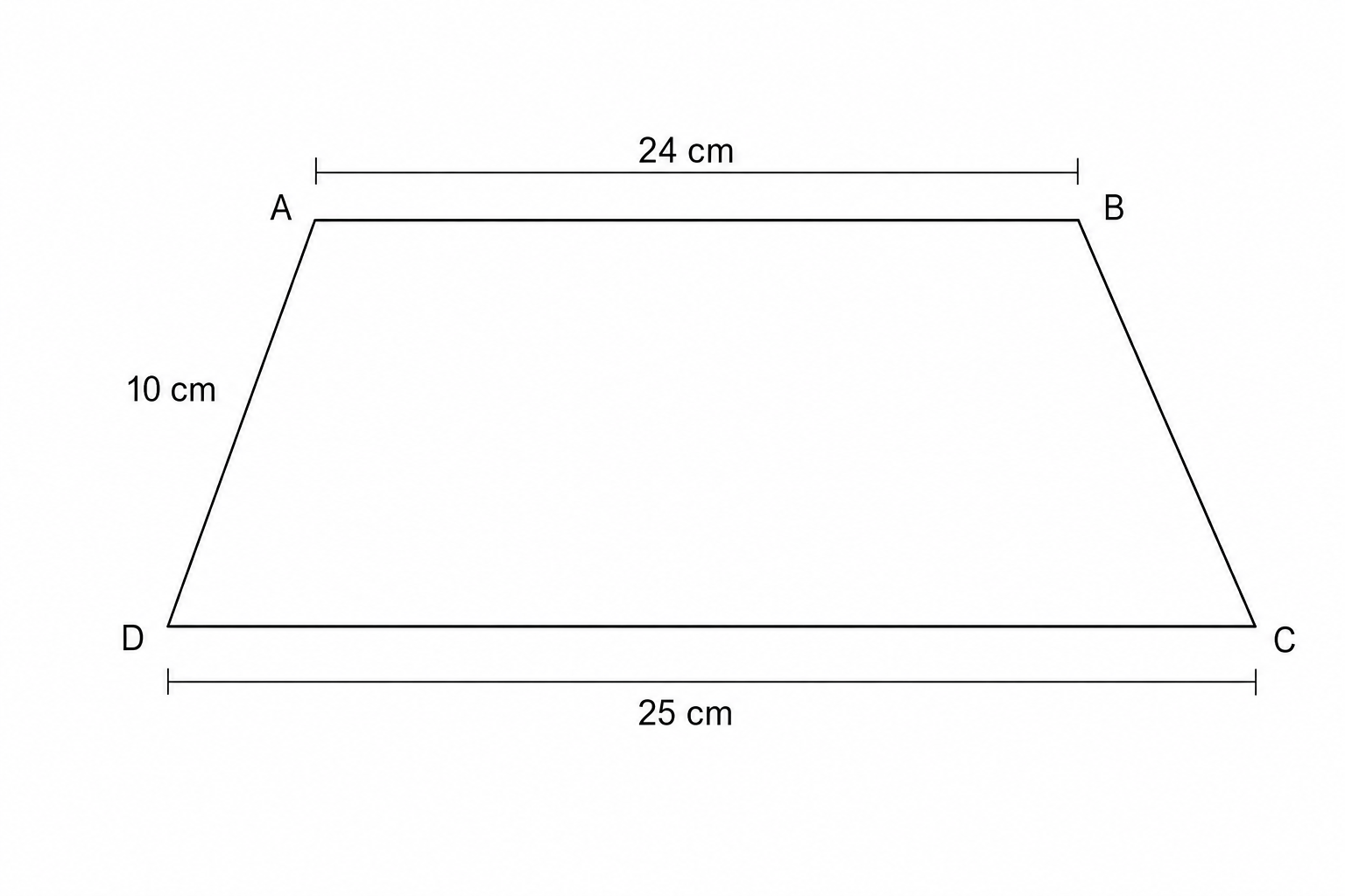 Diagram of a shape ABCD with side AB = 24 cm, side AD = 10 cm, and side DC = 25 cm.
