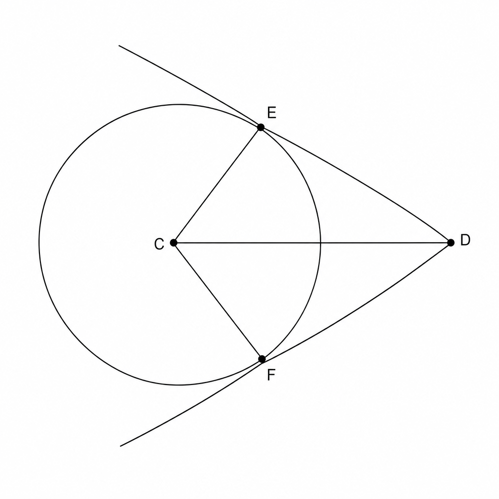 A geometric diagram showing a circle with center C and tangents ED and FD.