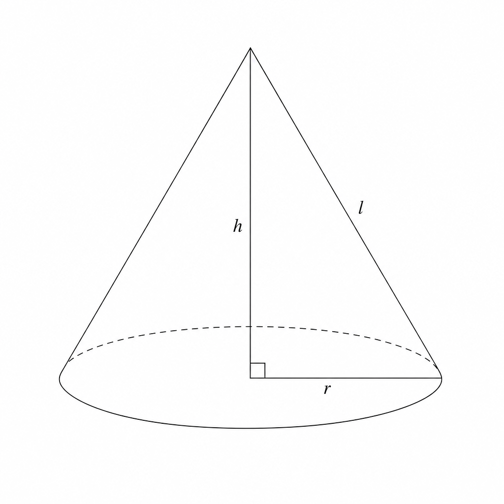 Diagram of a cone showing slant height l, height h, and radius r.