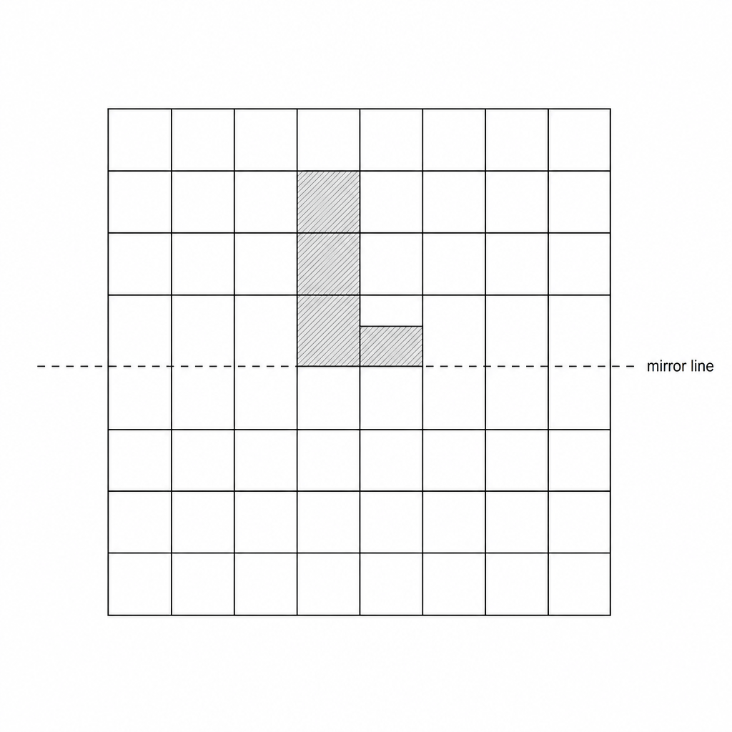 An 8x8 grid with a horizontal dashed line labeled 'mirror line' across the middle. A shaded L-shape is located above the line, touching it at one point.