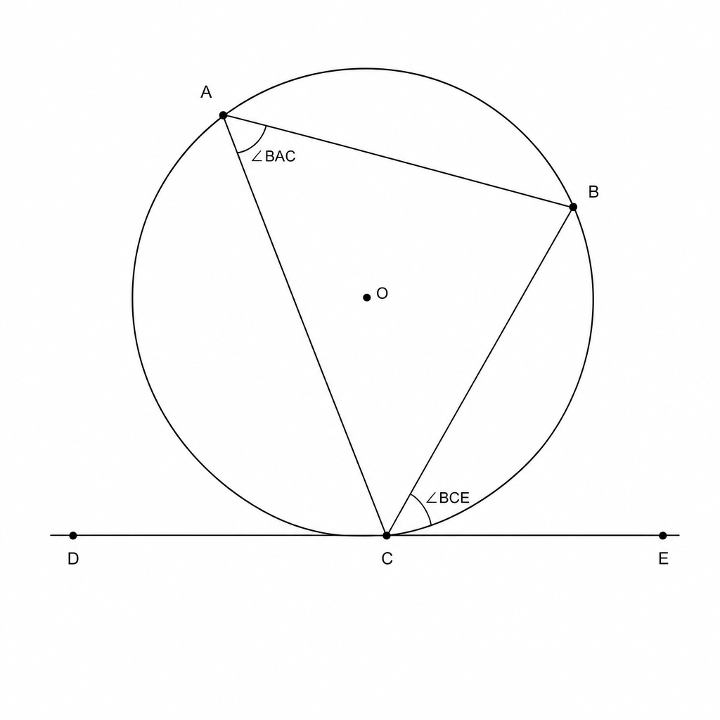 A geometric diagram showing a circle with center O. A horizontal line DCE is tangent to the circle at point C. Points A and B are on the circumference. Chords AC and BC are drawn. Angle BAC is the inscribed angle subtending arc BC. Angle BCE is the angle between the tangent line CE and the chord BC.