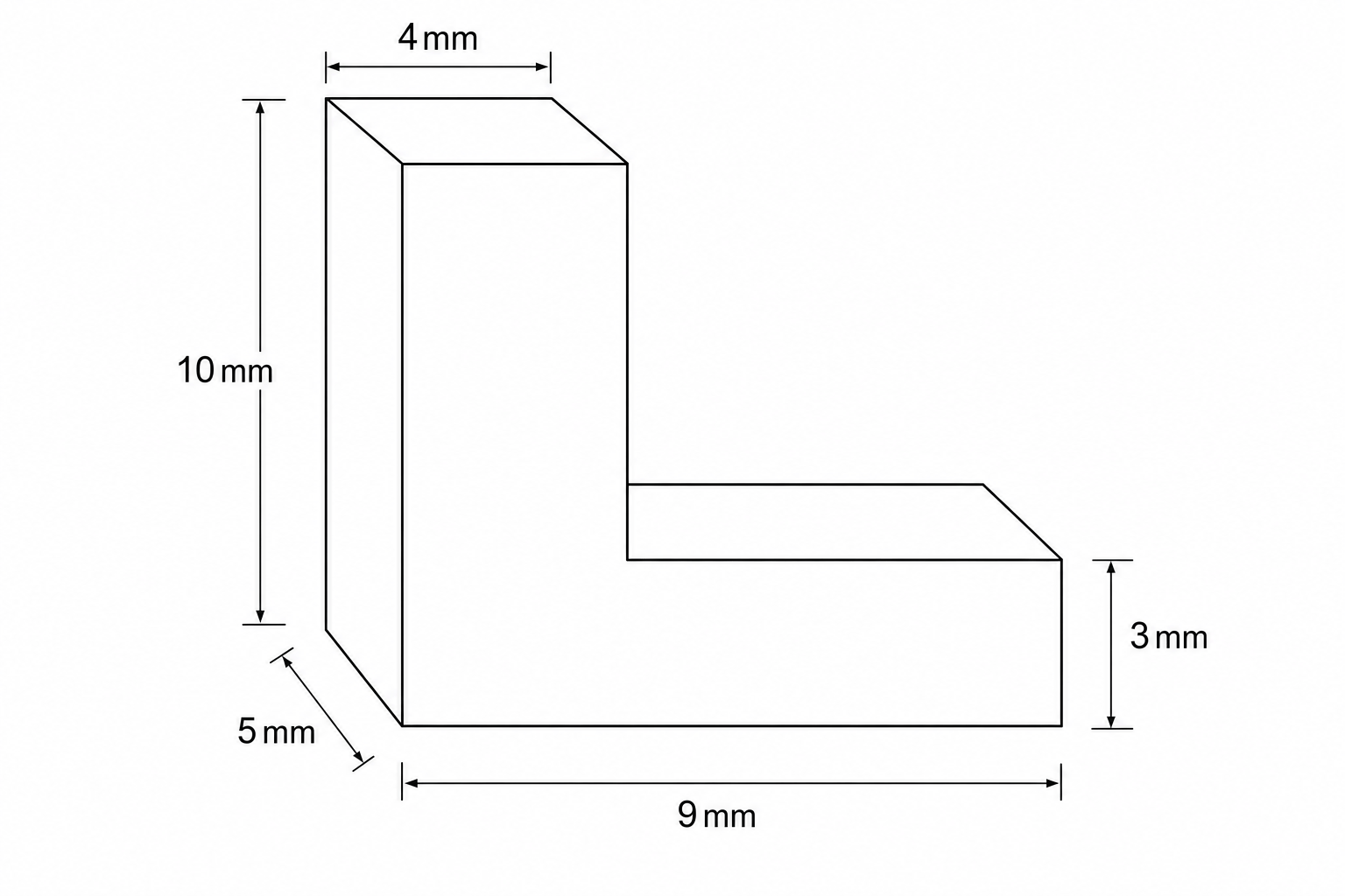 Diagram of an L-shaped prism with dimensions: height 10 mm, vertical width 4 mm, total width 9 mm, horizontal height 3 mm, and length 5 mm.