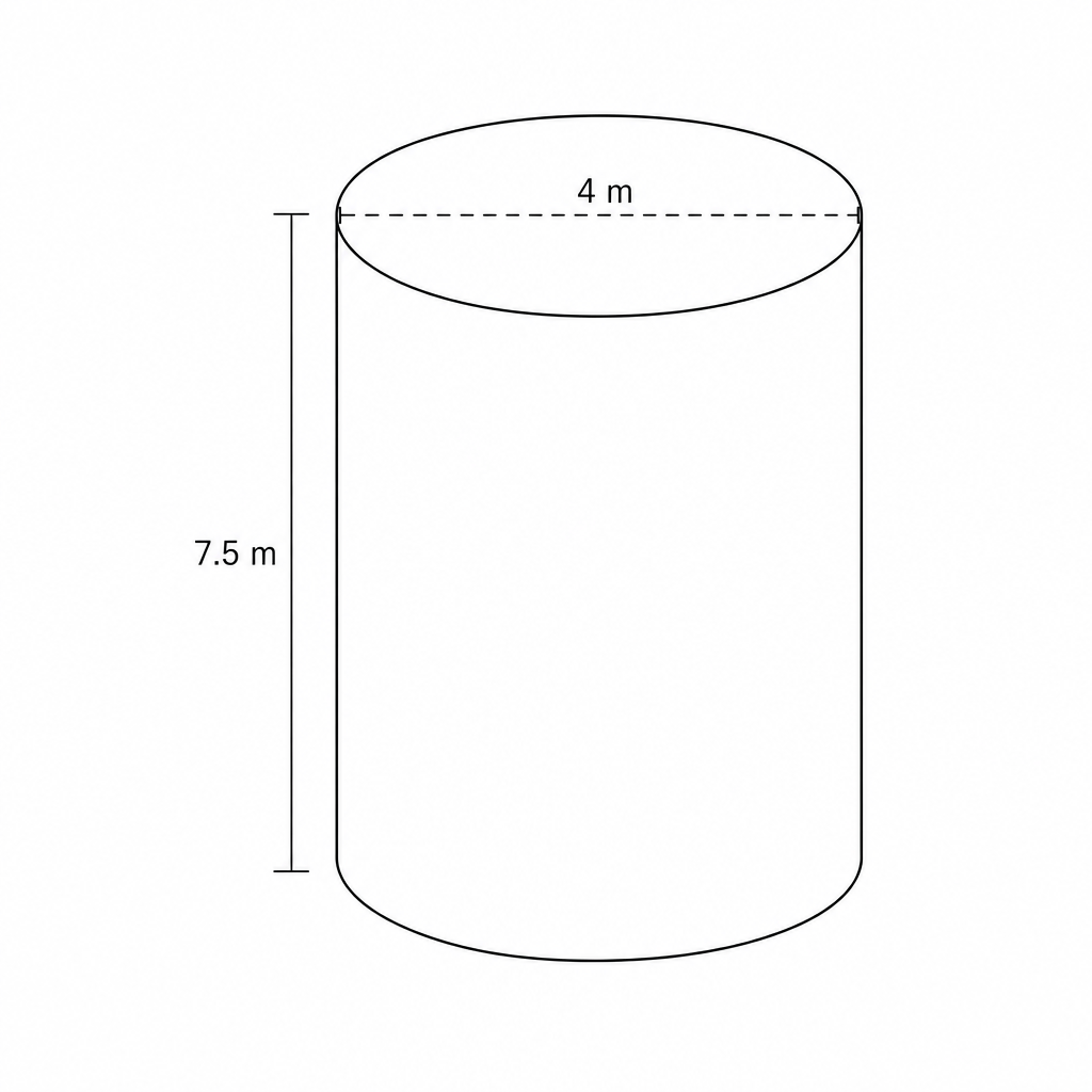 Diagram of a large cylinder with diameter 4 m and height 7.5 m.
