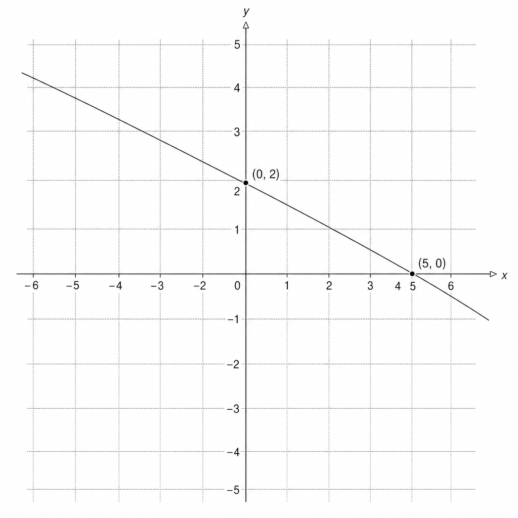 A Cartesian coordinate grid showing a straight line with a negative gradient.