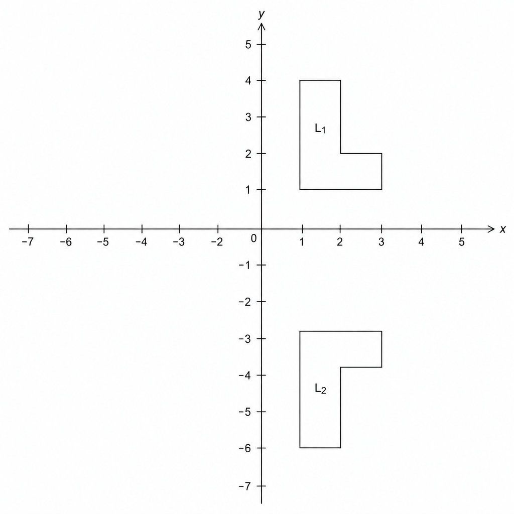 A coordinate grid showing two L-shapes, labeled L1 and L2. L1 has vertices at (1, 1), (3, 1), (3, 2), (2, 2), (2, 4), and (1, 4). L2 has vertices at (1, -3), (3, -3), (3, -4), (2, -4), (2, -6), and (1, -6).