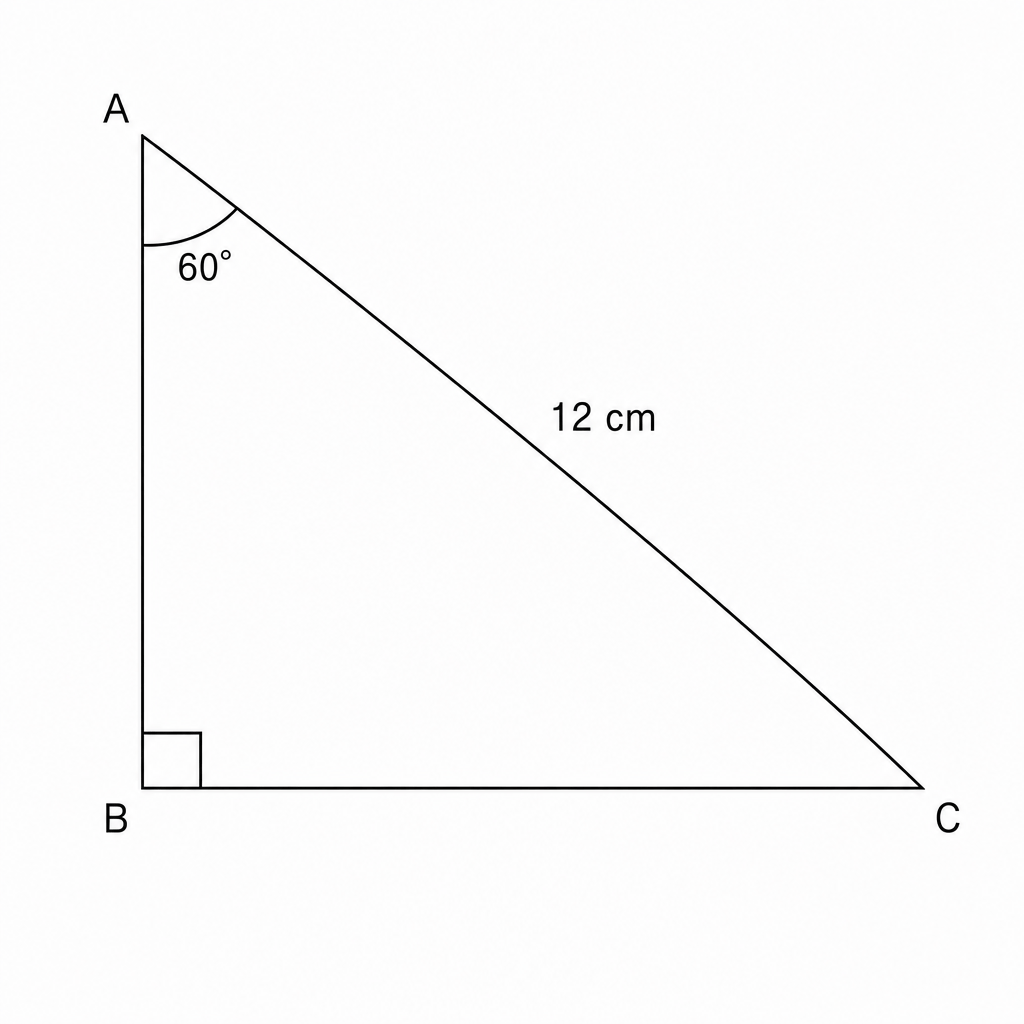 Right-angled triangle ABC with right angle at B, angle A = 60 degrees, and hypotenuse AC = 12 cm.