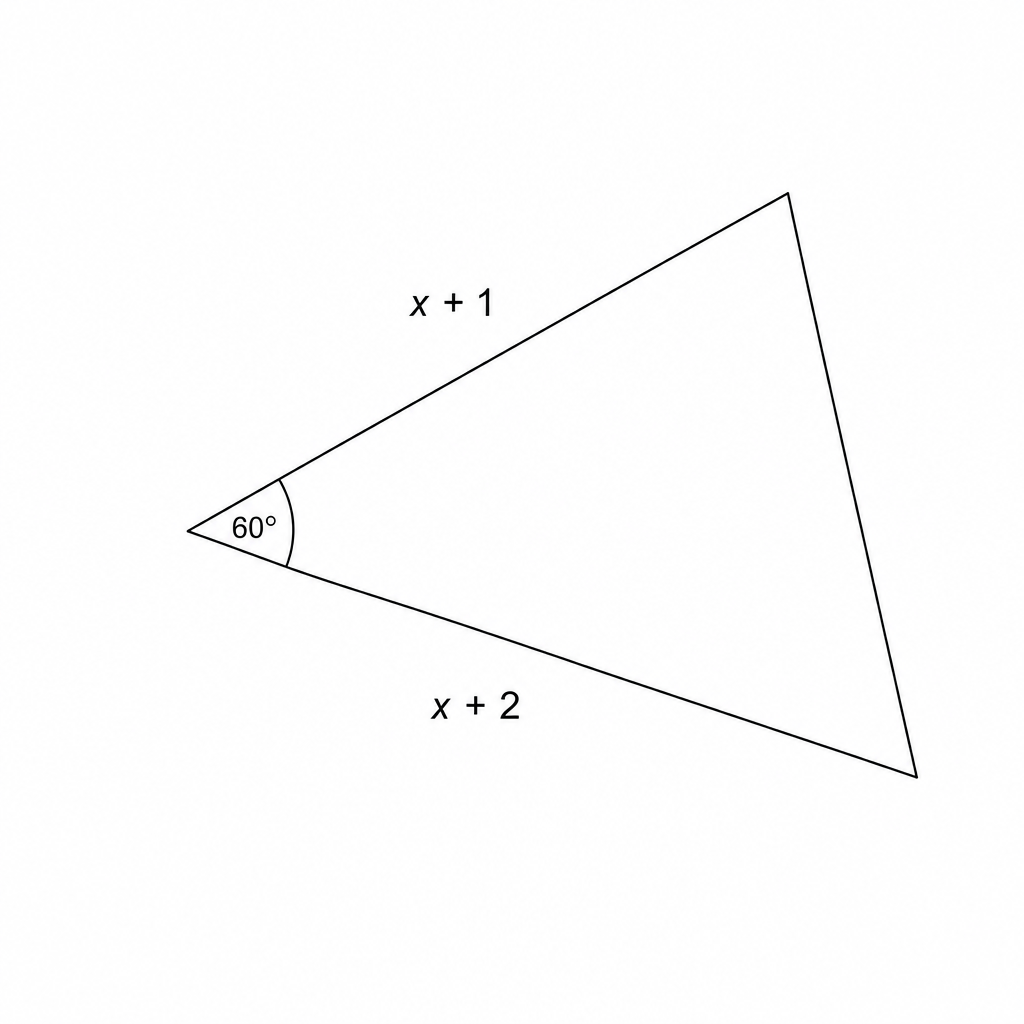 A triangle with two sides labeled (x + 1) and (x + 2), and an included angle of 60 degrees.