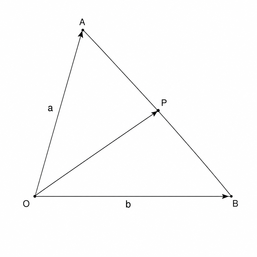 A vector diagram showing a triangle OAB. Vector OA is labeled 'a' and vector OB is labeled 'b'.