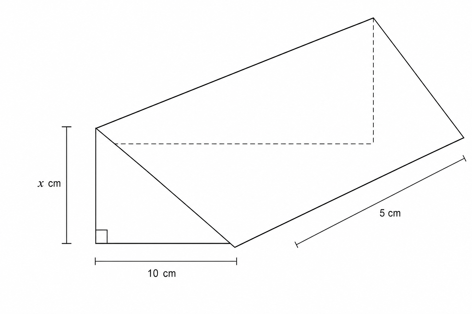Diagram of a triangular prism with a right-angled triangular cross-section. The triangle has a base of 10 cm and a height of x \text{ cm}. The length of the prism is 5 cm.