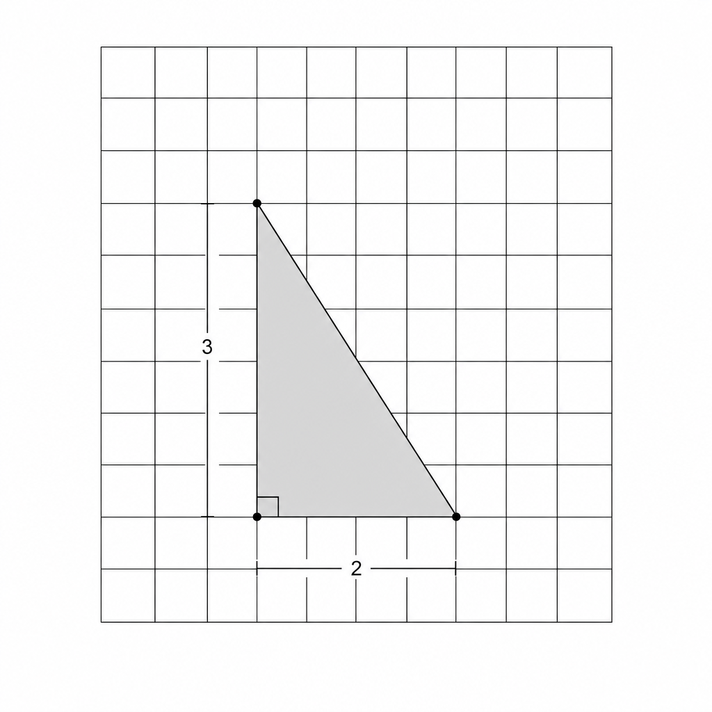 A grid with a shaded right-angled triangle with base 2 and height 3.