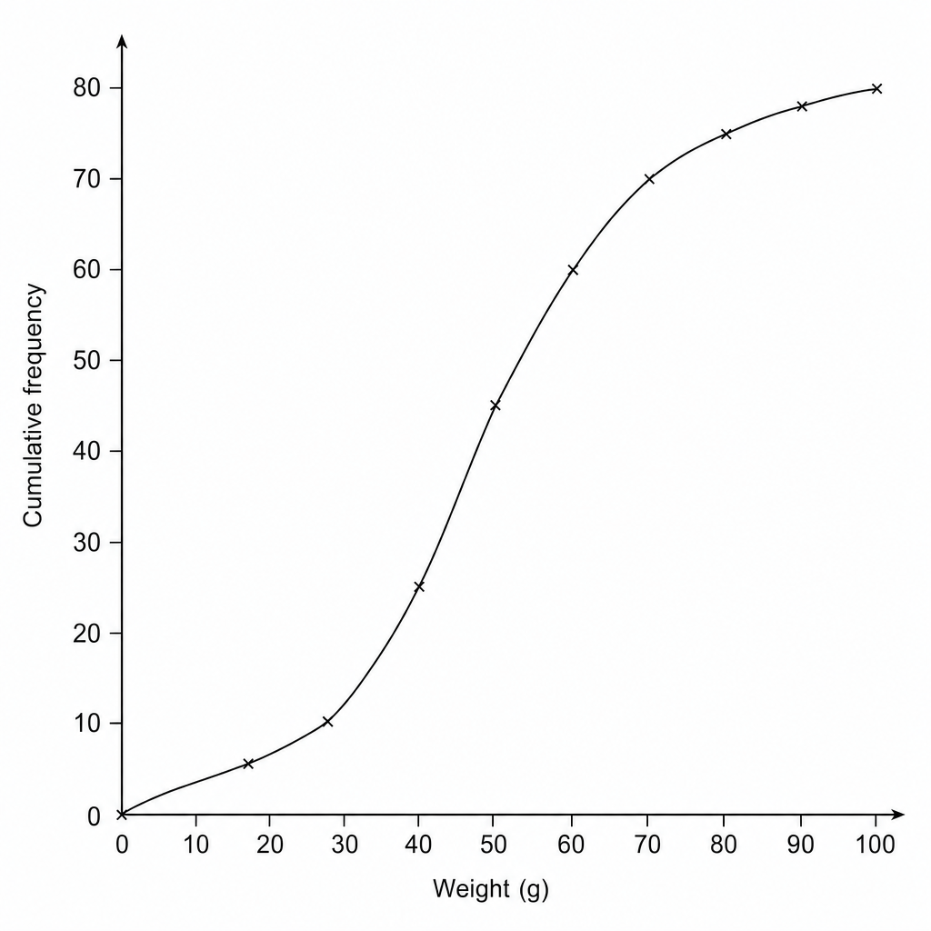 Cumulative frequency graph showing weight (g).