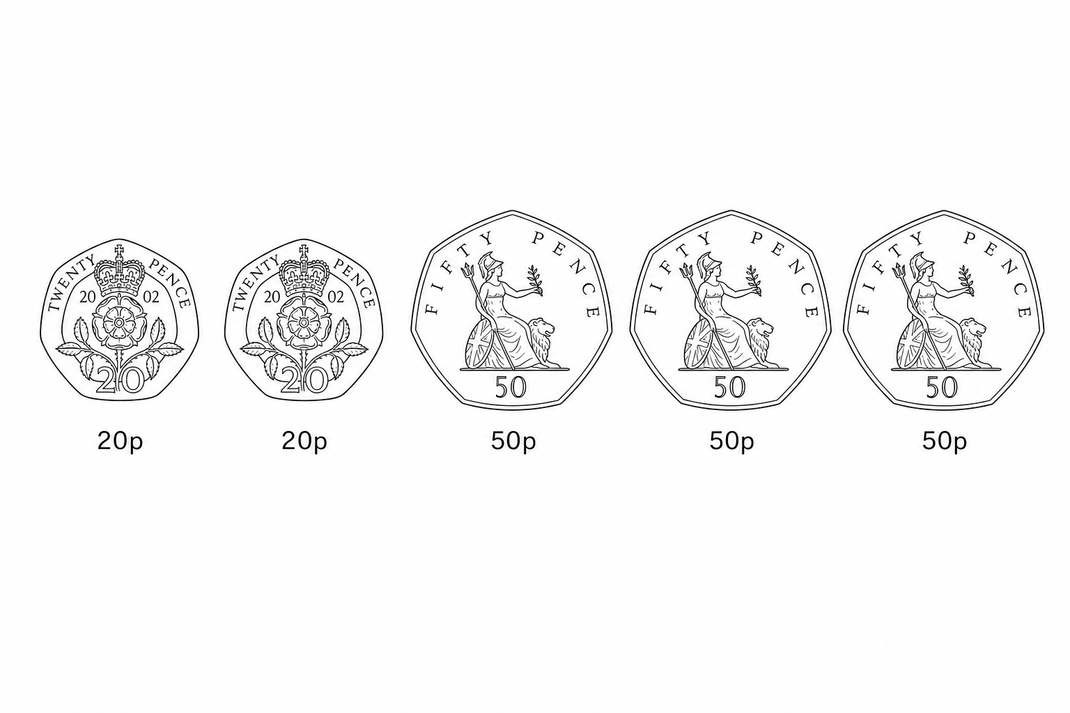 A row of five British coins: two 20p coins and three 50p coins.