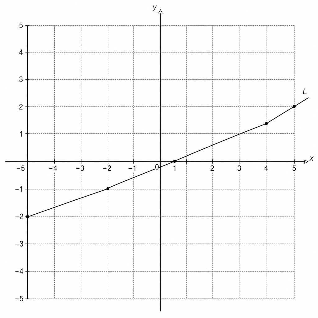 A coordinate grid with x and y axes ranging from -5 to 5. A line labeled L passes through the points (-5, -2), (-2, -1), (1, 0), (4, 1), and (5, 2).