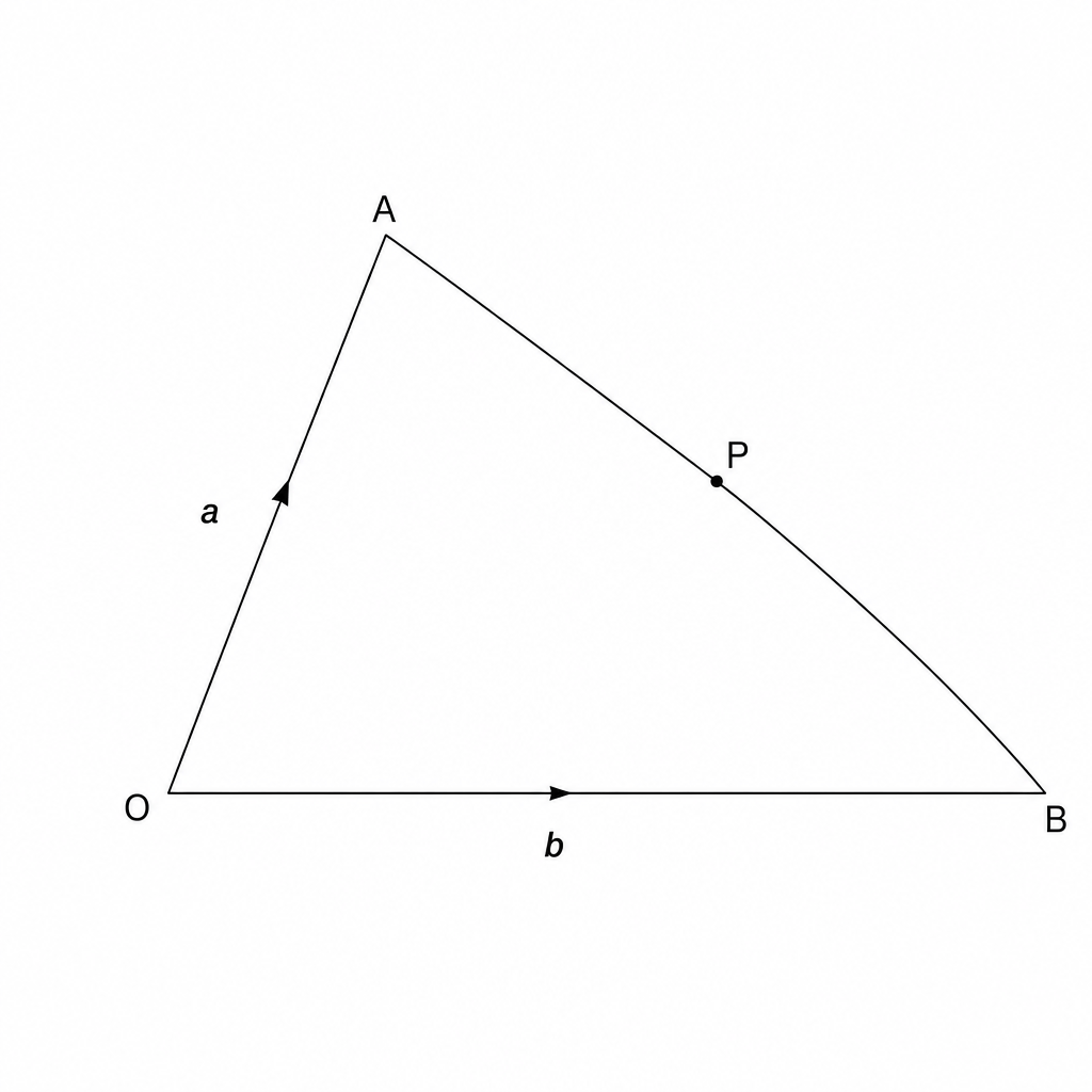 A vector diagram showing a triangle OAB. Vector OA is labeled 'a' and vector OB is labeled 'b'.