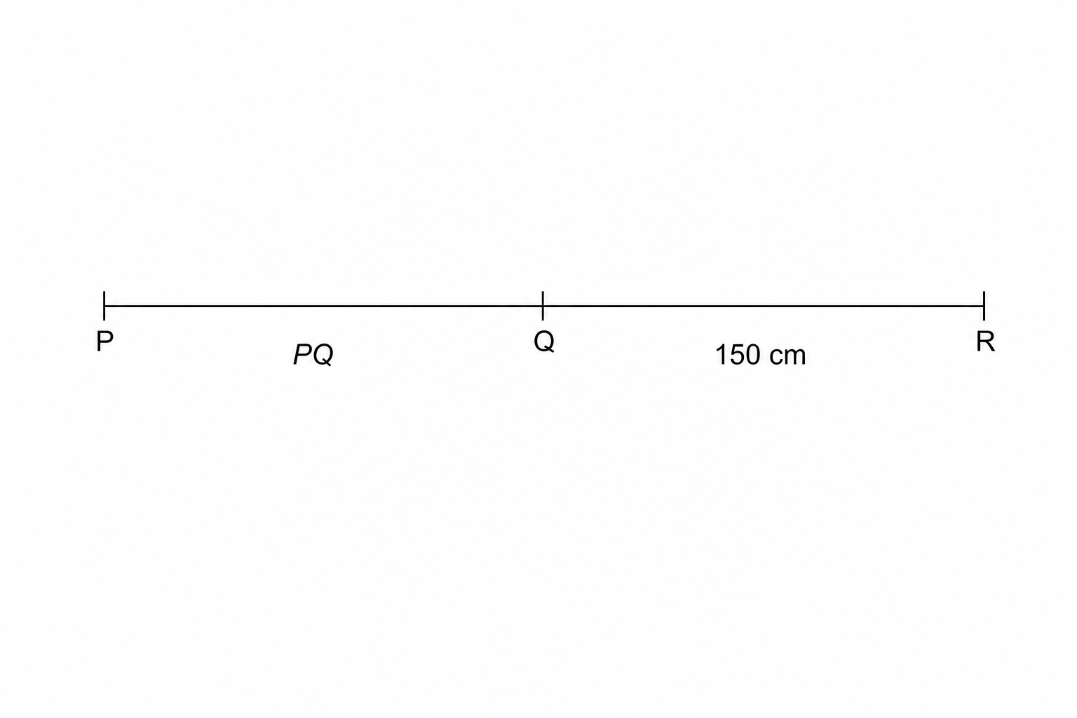 A straight line segment with points P, Q, and R marked. P is on the left, Q is in the middle, and R is on the right. There are small vertical tick marks above each letter.