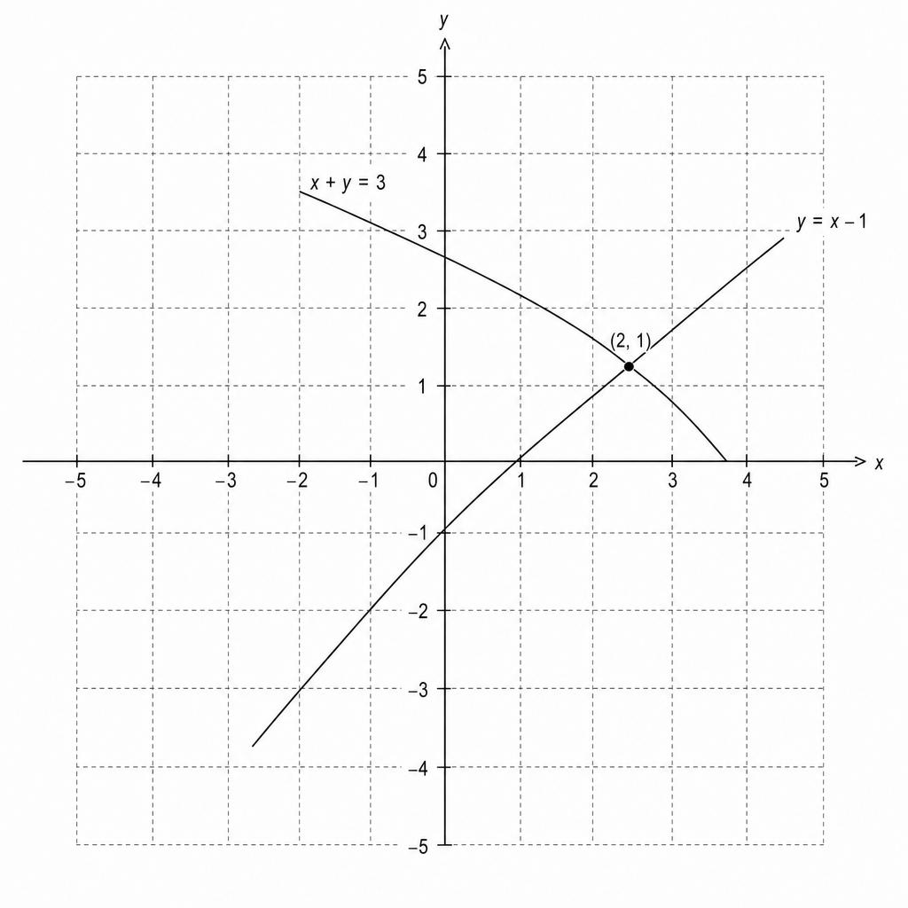 A coordinate grid with x and y axes ranging from -5 to 5. Two straight lines are plotted. The first line, y = x - 1, passes through the points (1, 0), (0, -1), and (2, 1). The second line, x + y = 3, passes through the points (0, 3), (3, 0), and (2, 1). The two lines intersect at the point (2, 1).