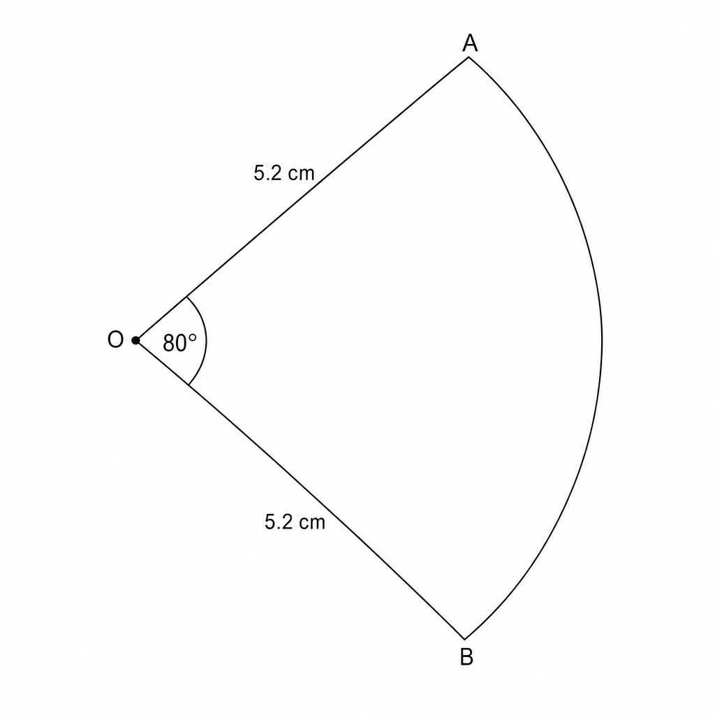 Diagram of sector AOB with center O, radii 5.2 cm, and central angle 80 degrees.