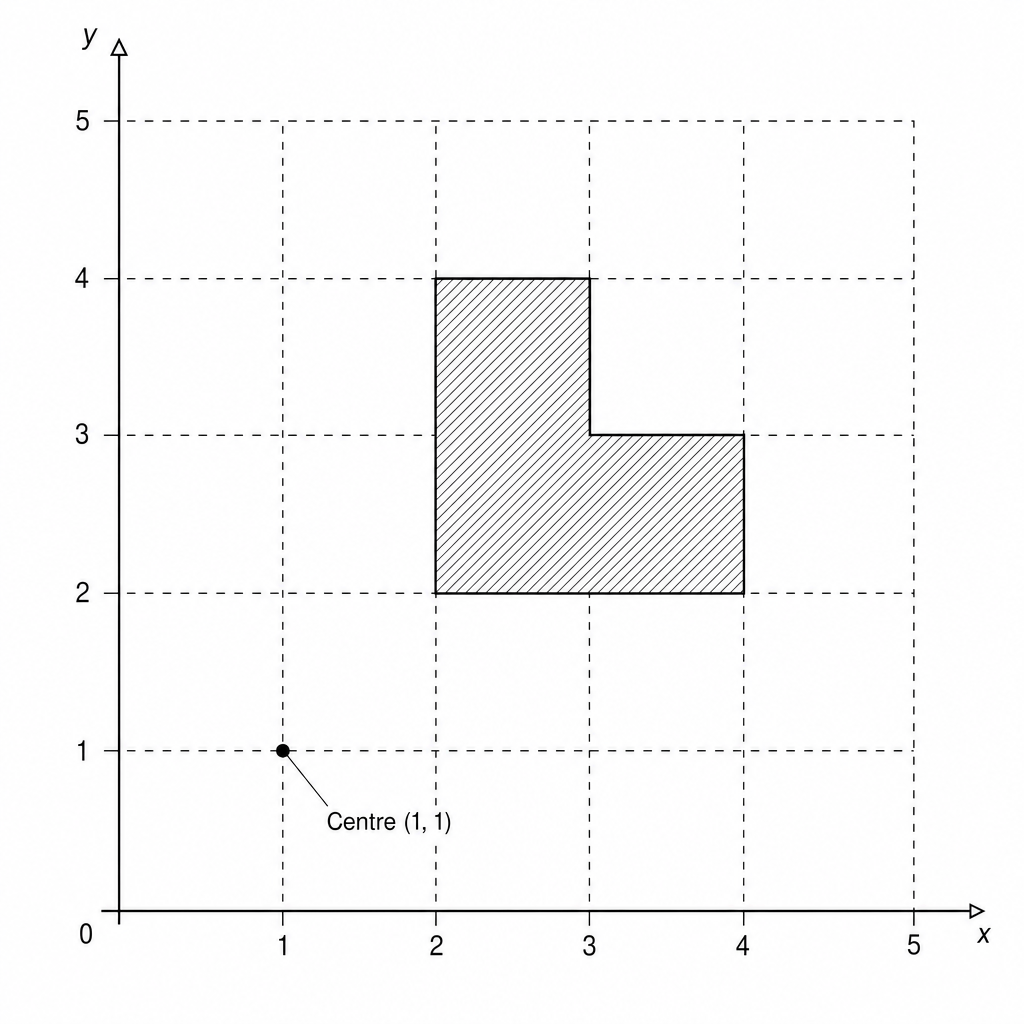 A coordinate grid with a shaded L-shaped polygon.