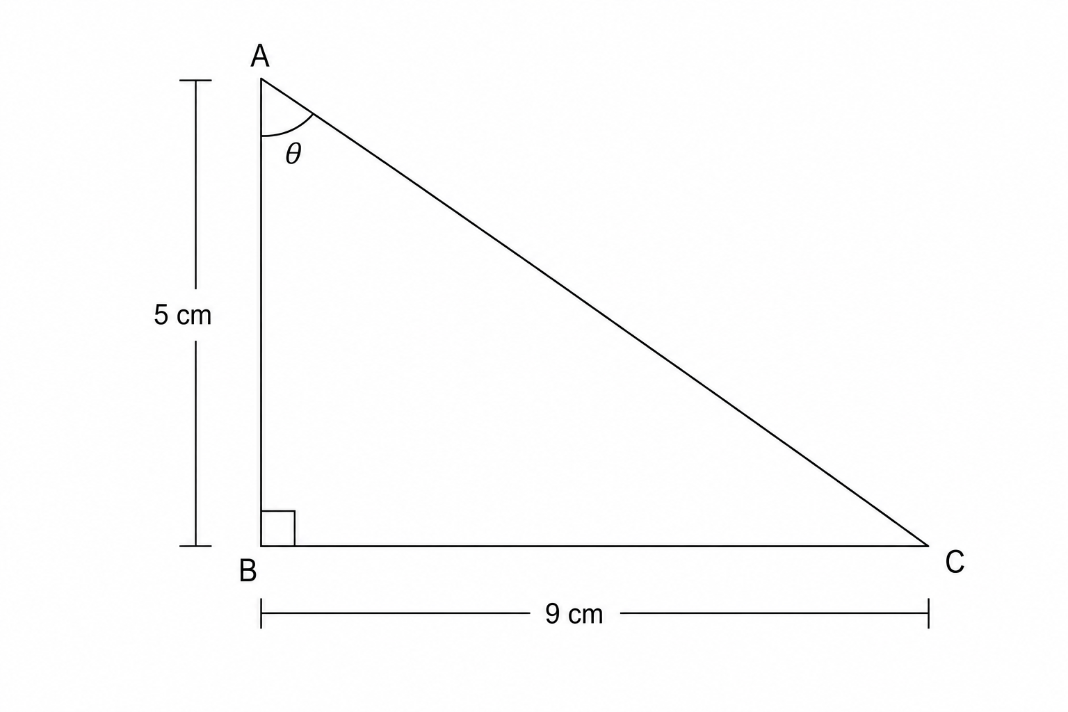 Right-angled triangle ABC with right angle at B. Side AB = 5 cm, side BC = 9 cm.