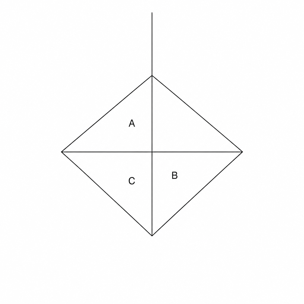 A fair 4-sided spinner in the shape of a rhombus, divided into four equal triangles by its diagonals. The top triangle is labeled A, the right triangle is labeled B, and the bottom two triangles are both labeled C. A black line representing a pointer passes through the center of the spinner.