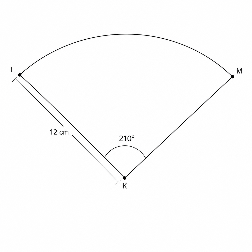 Diagram of a sector LKM with center K, radius 12 cm, and central angle 210 degrees.