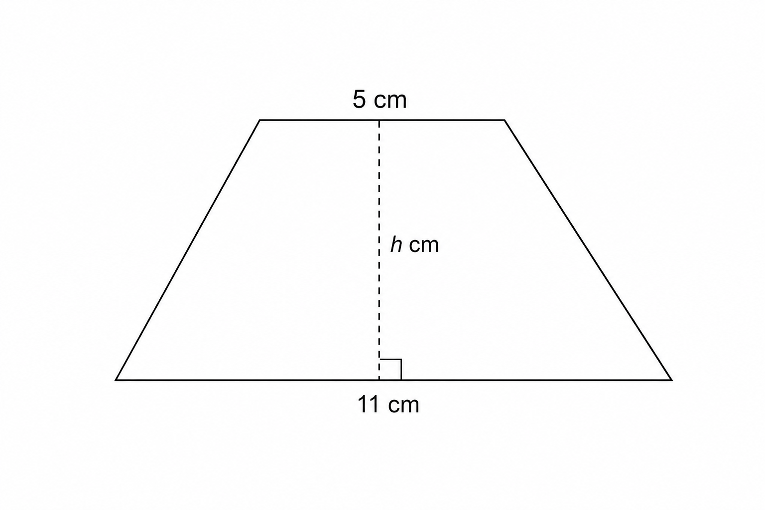 Diagram of a trapezium with parallel sides of 5 cm and 11 cm, and a perpendicular height h.