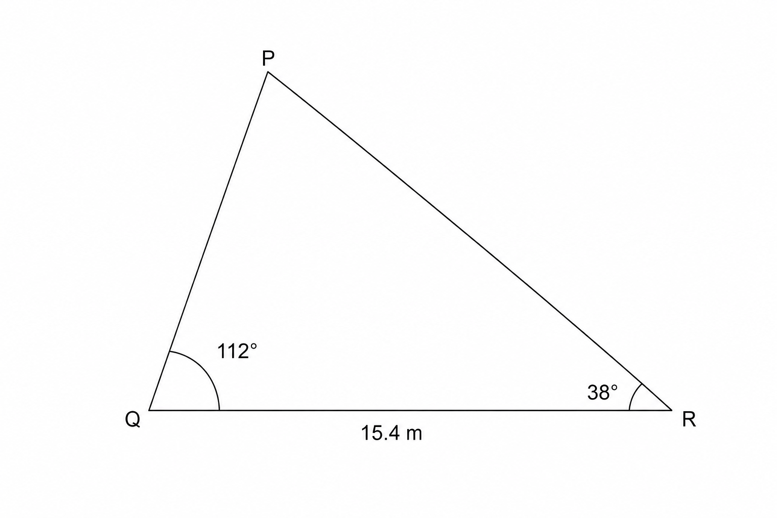 A triangle PQR where side PR is 15.4 m, angle Q is 112 degrees, and angle R is 38 degrees.