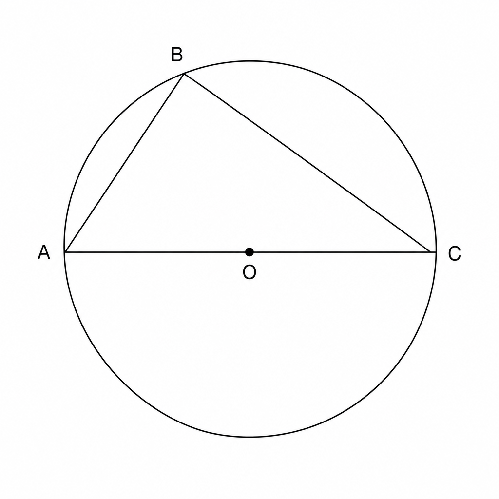 A circle with center O. Points A, B, and C are on the circumference. AOC is a diameter, and ABC is an inscribed angle.