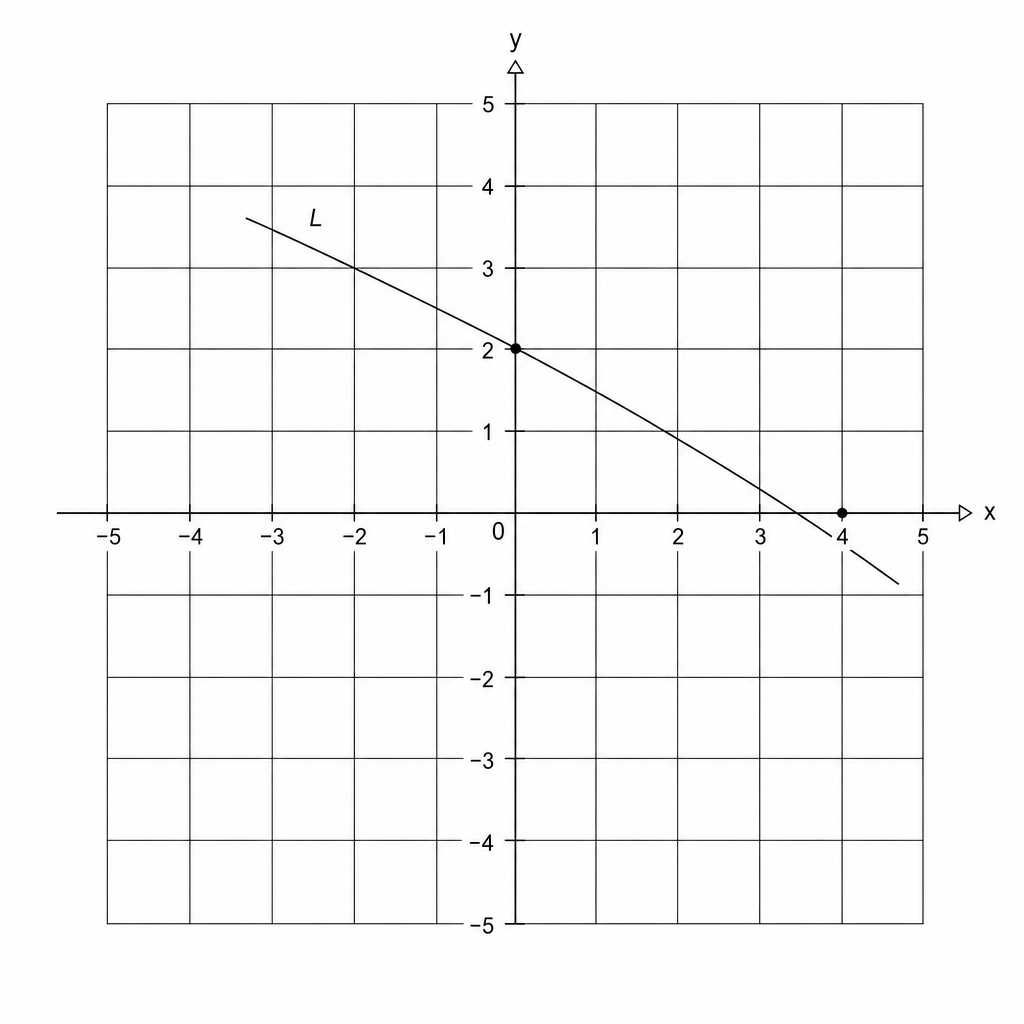 A coordinate grid with x and y axes ranging from -5 to 5. A line L is drawn passing through the points (0, 2) and (4, -2).