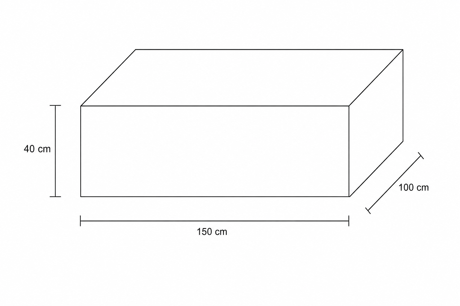 A 3D diagram of a rectangular fuel tank with dimensions 150 cm, 100 cm, and 40 cm.