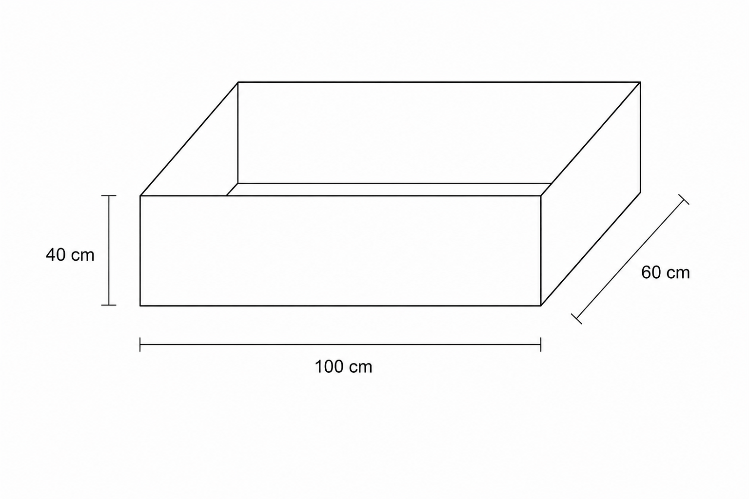 Diagram of a rectangular pond with dimensions 100 cm, 60 cm, and 40 cm.