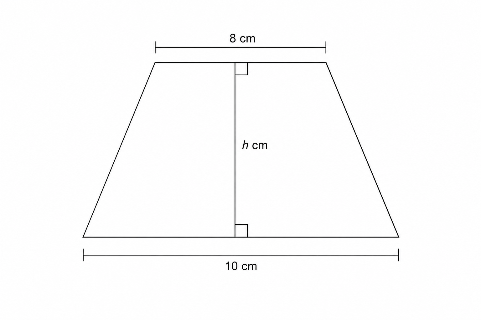 Diagram of a trapezium with parallel sides of 8 cm and 10 cm, and a perpendicular height h.
