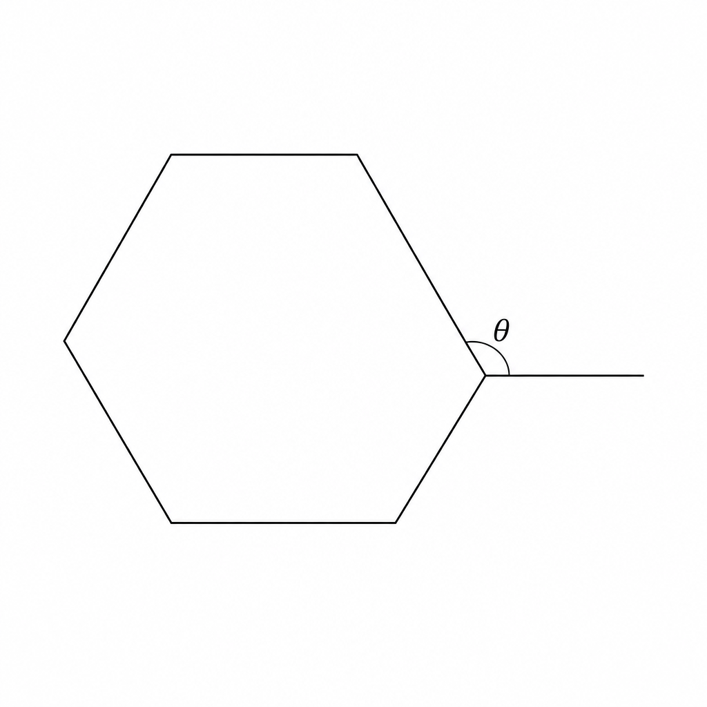 A regular hexagon with one side extended horizontally to the right to show an exterior angle.