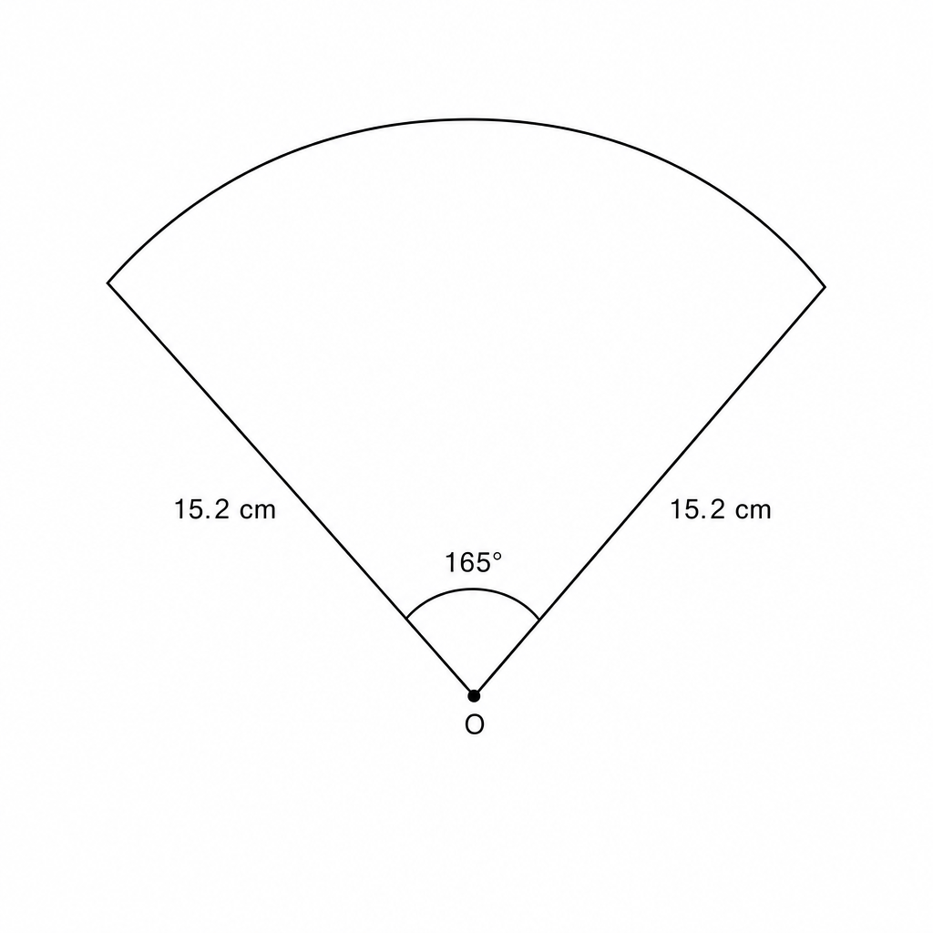 Diagram of a sector with center O, radius 15.2 cm, and central angle 165 degrees.