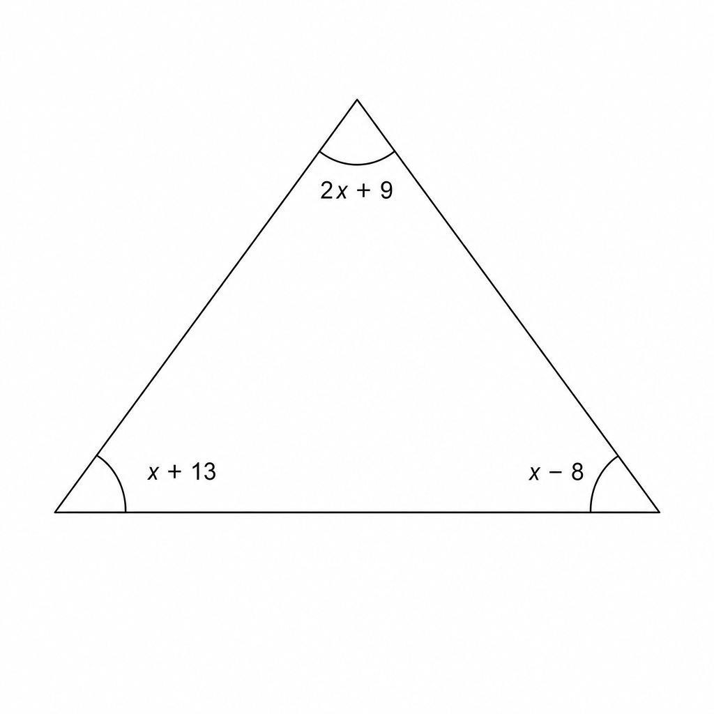 A triangle with three interior angles labeled: 2x + 9, x + 13, and x - 8.