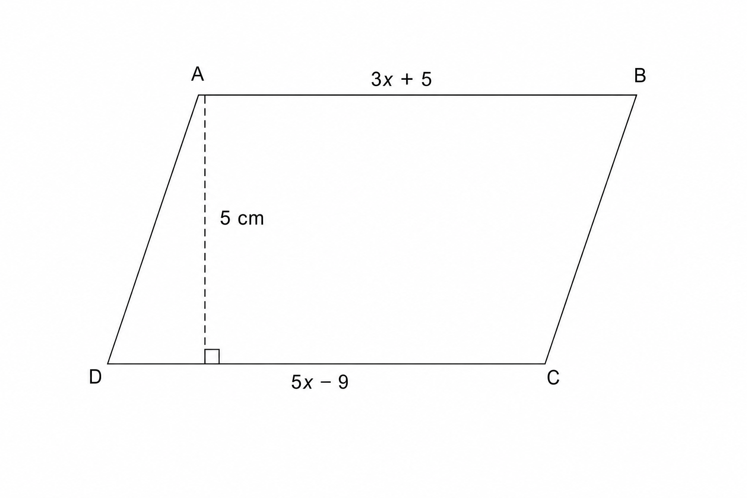 A parallelogram ABCD. AB = 3x + 5, DC = 5x - 9.